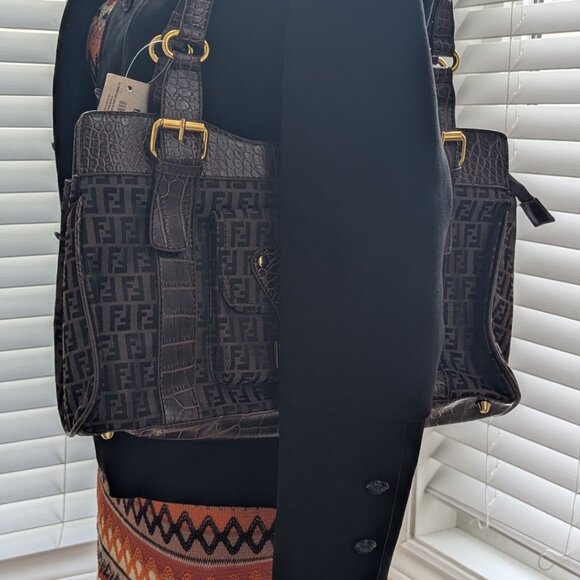 Vintage Fendi Zucca Canvas & Croc Embossed Leather Shoulder Bag - Picture 8 of 9